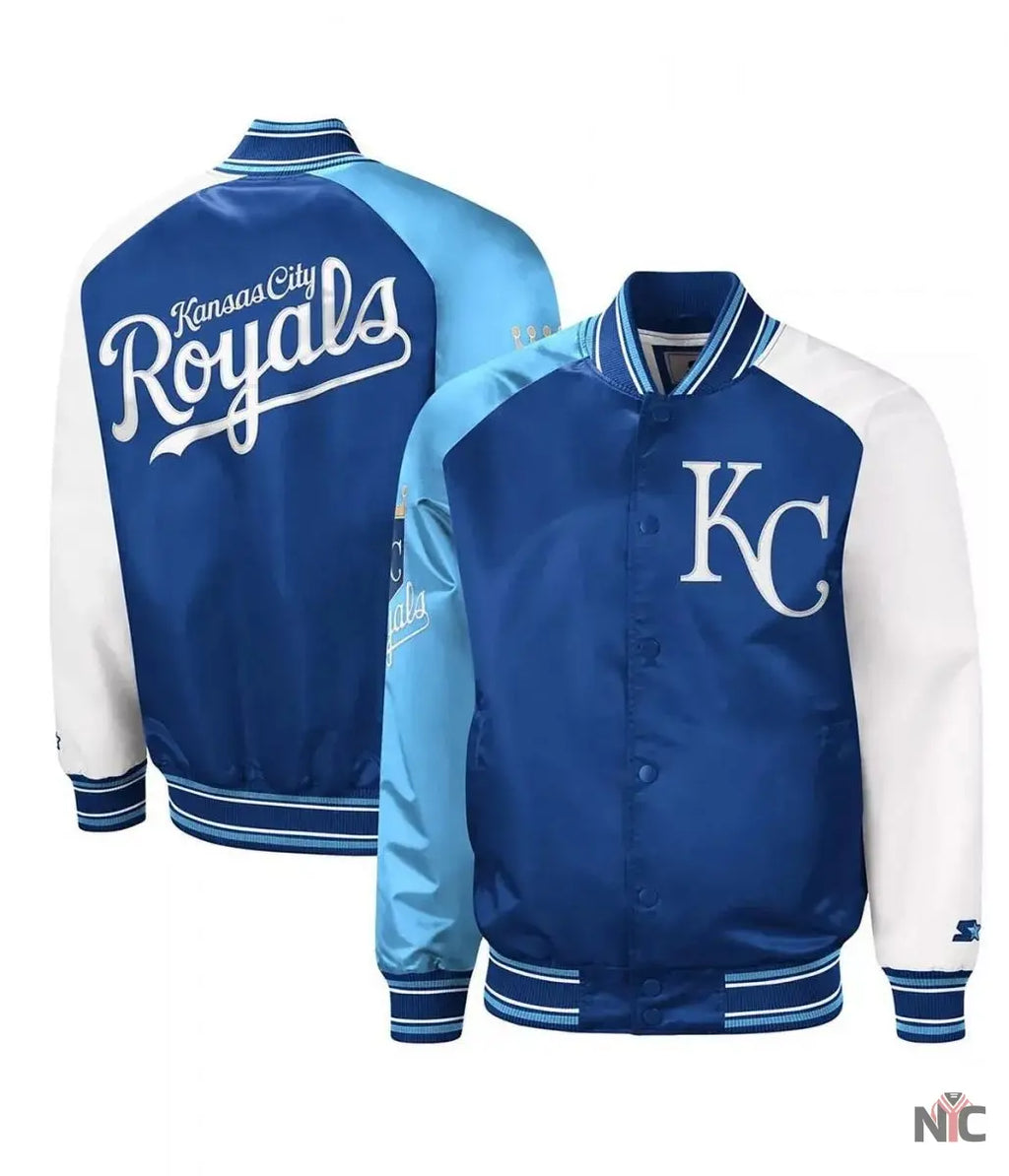 Kansas City Royals Reliever Royal and Varsity Satin Jacket NYC Jackets