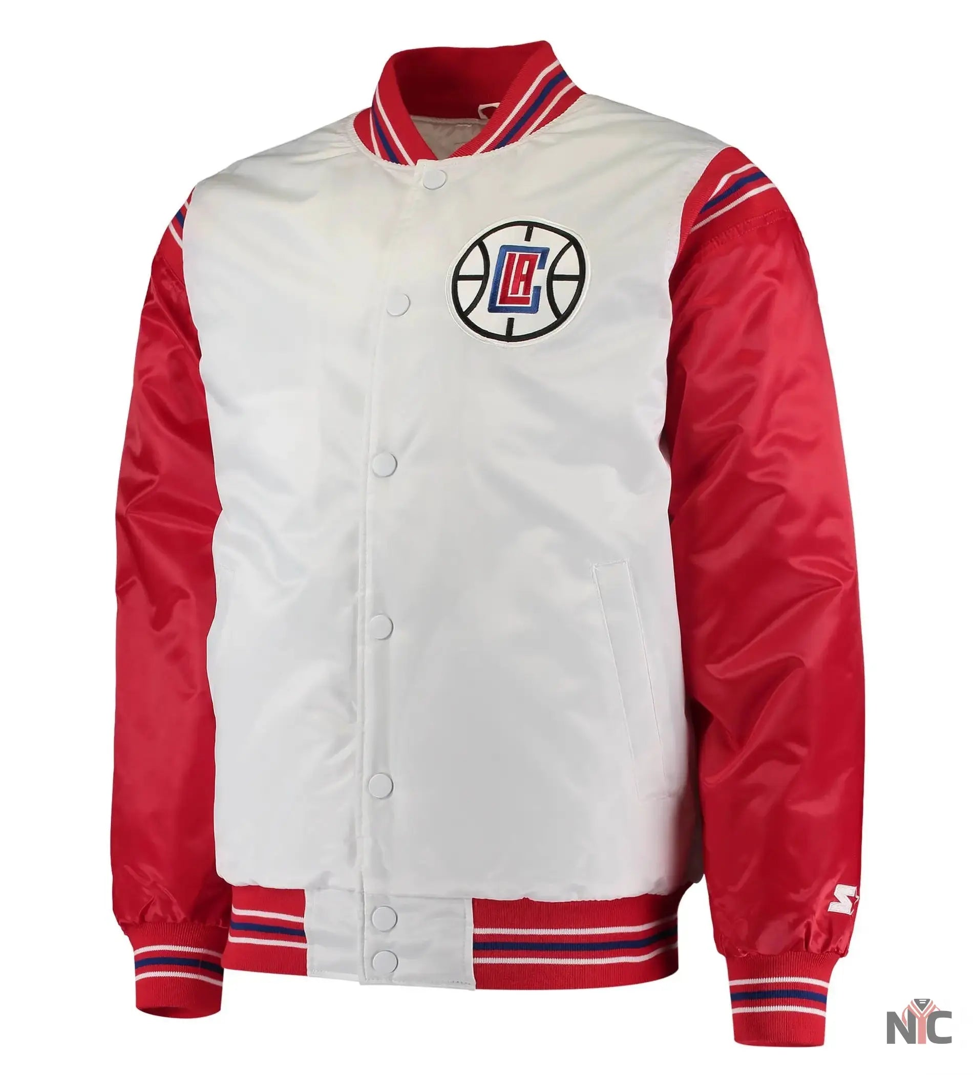 LA Clippers Renegade Full-Snap White & Red Satin Varsity Jacket NYC Jackets