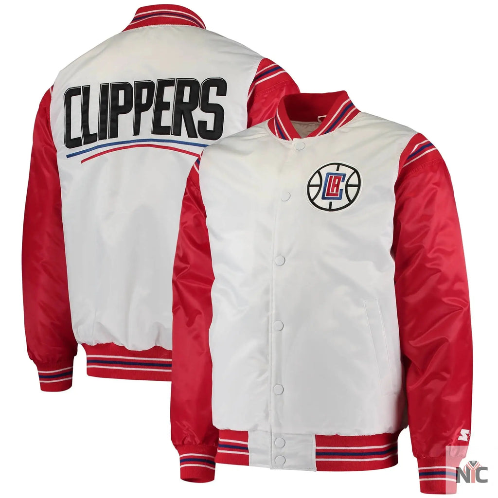 LA Clippers Renegade Full-Snap White & Red Satin Varsity Jacket NYC Jackets
