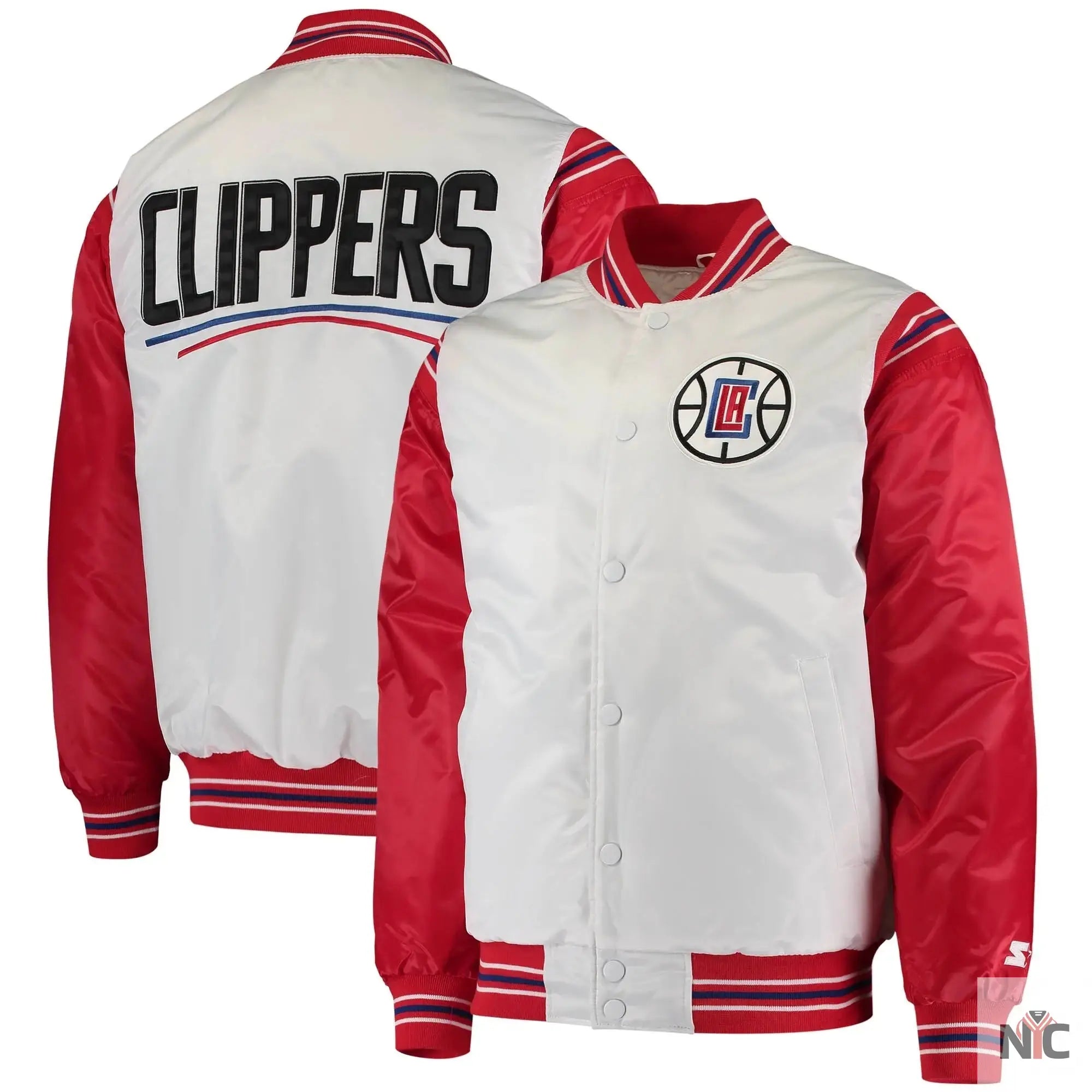 LA Clippers Renegade Full-Snap White & Red Satin Varsity Jacket NYC Jackets