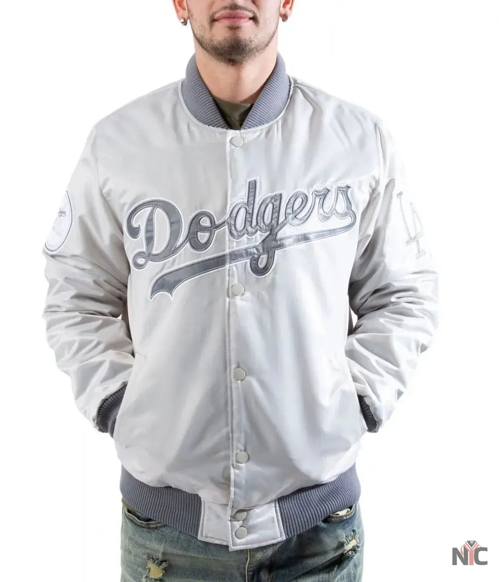 LA Dodgers Silver Satin Jacket NYC Jackets