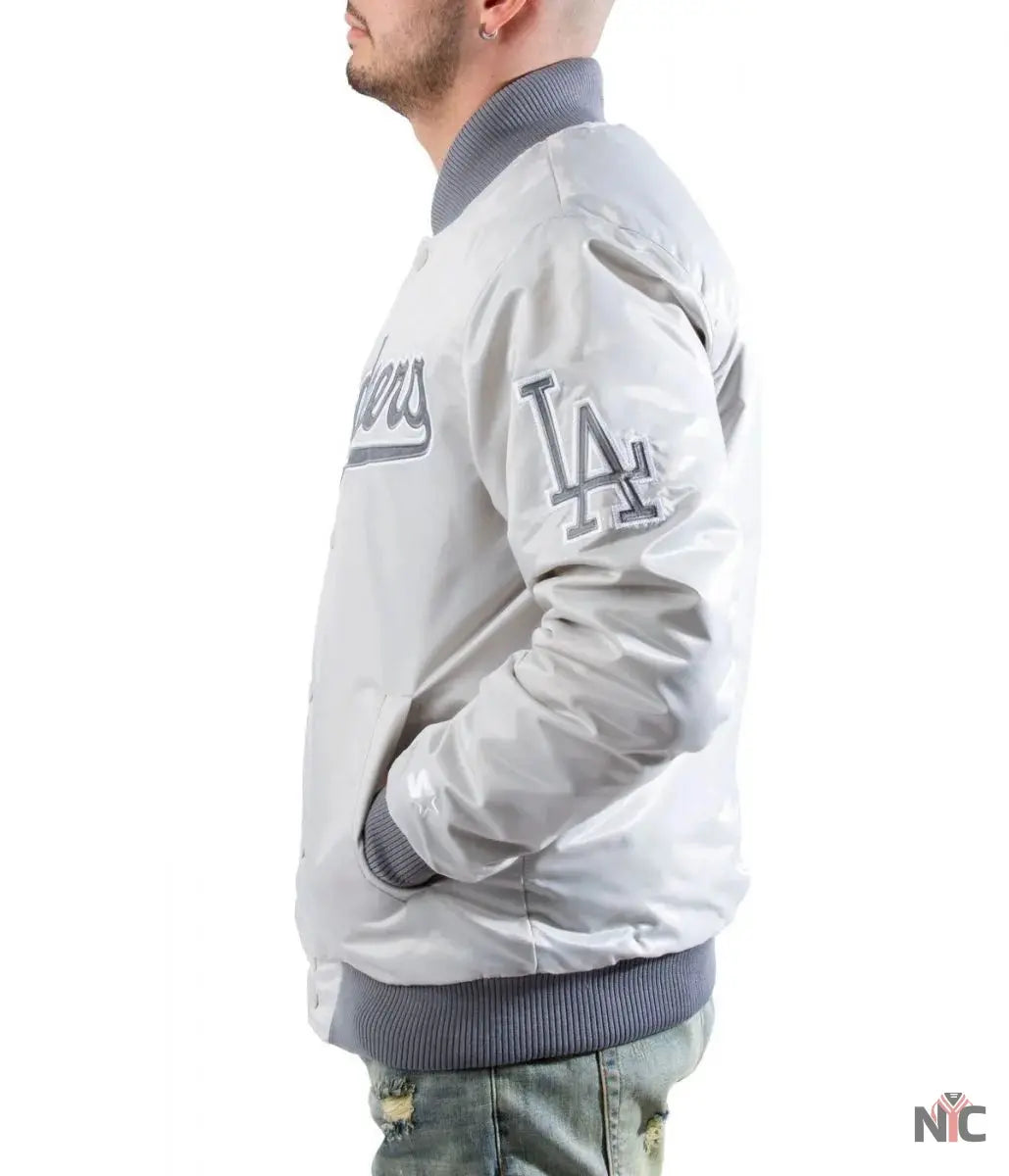 LA Dodgers Silver Satin Jacket NYC Jackets