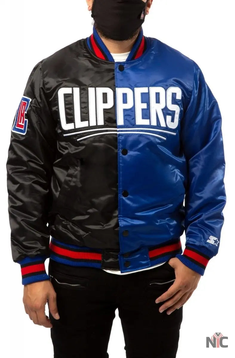 Los Angeles Clippers Black Blue Satin Bomber Jacket NYC Jackets