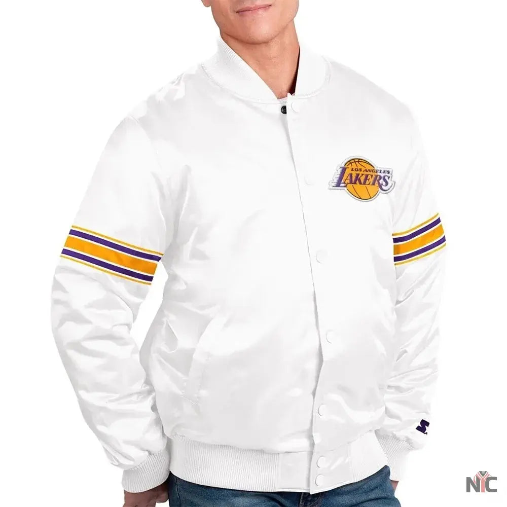 Los Angeles Lakers Power Forward White Satin Varsity Jacket NYC Jackets