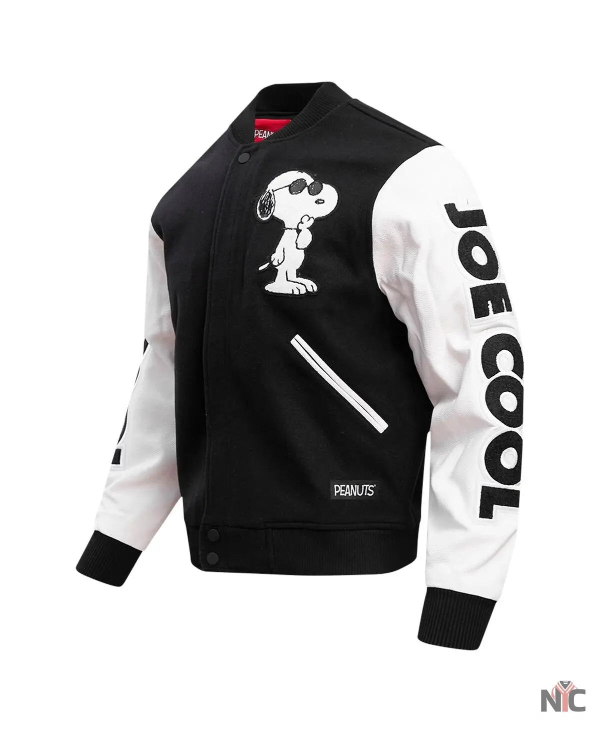 Men’s Black Peanuts Snoopy Joe Cool Full-zip Varsity Jacket NYC Jackets