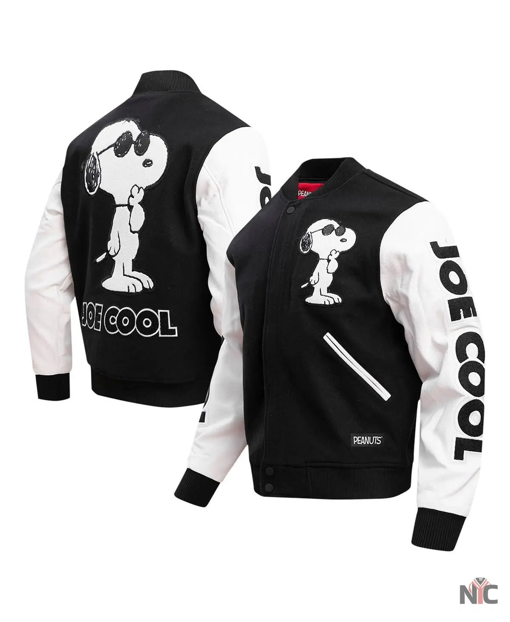 Men’s Black Peanuts Snoopy Joe Cool Full-zip Varsity Jacket NYC Jackets