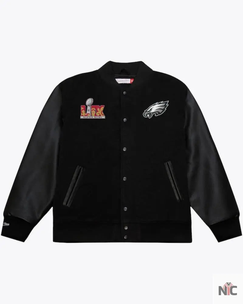 Men’s Black Philadelphia Eagles Super Bowl LIX Champions Full-Snap Varsity Jacket NYC Jackets