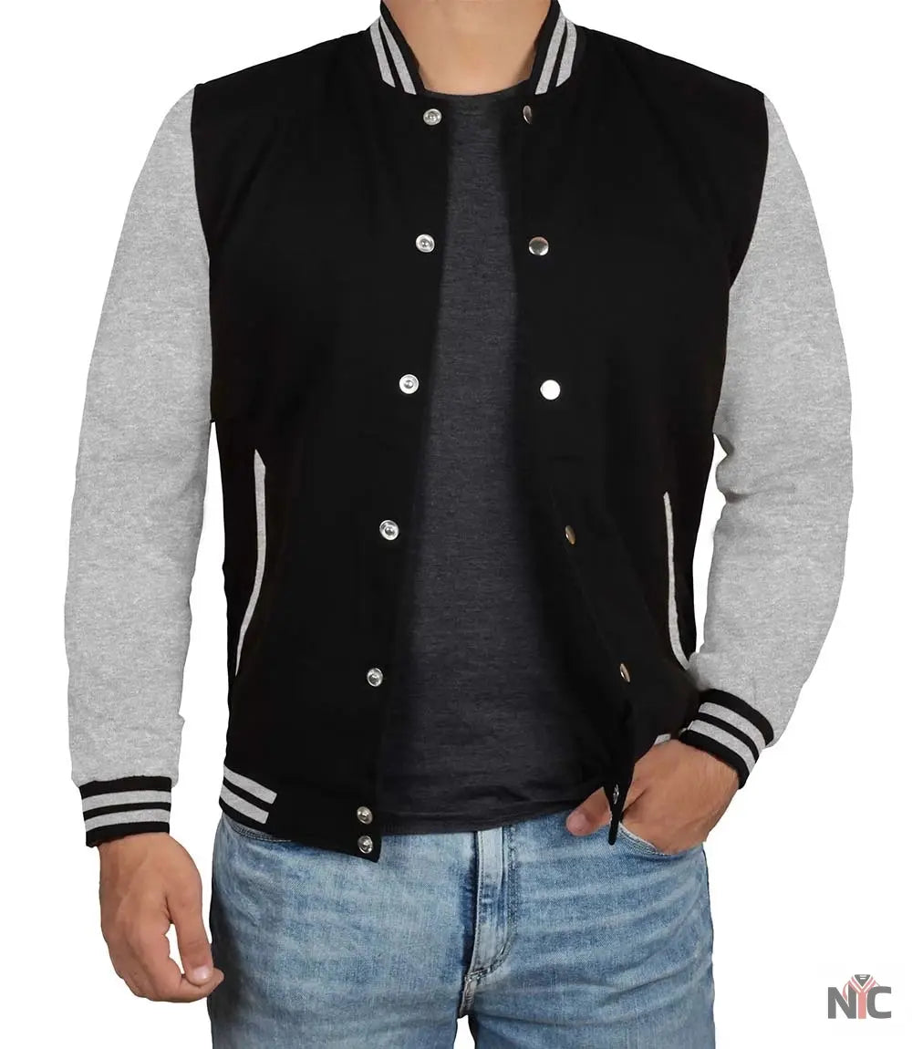 Men's Black and Grey Varsity Bomber Jacket NYC Jackets