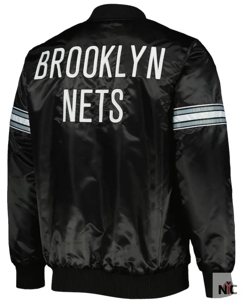 Men’s Brooklyn Nets Starter Black Pick & Roll Satin Full-Snap Varsity Jacket NYC Jackets