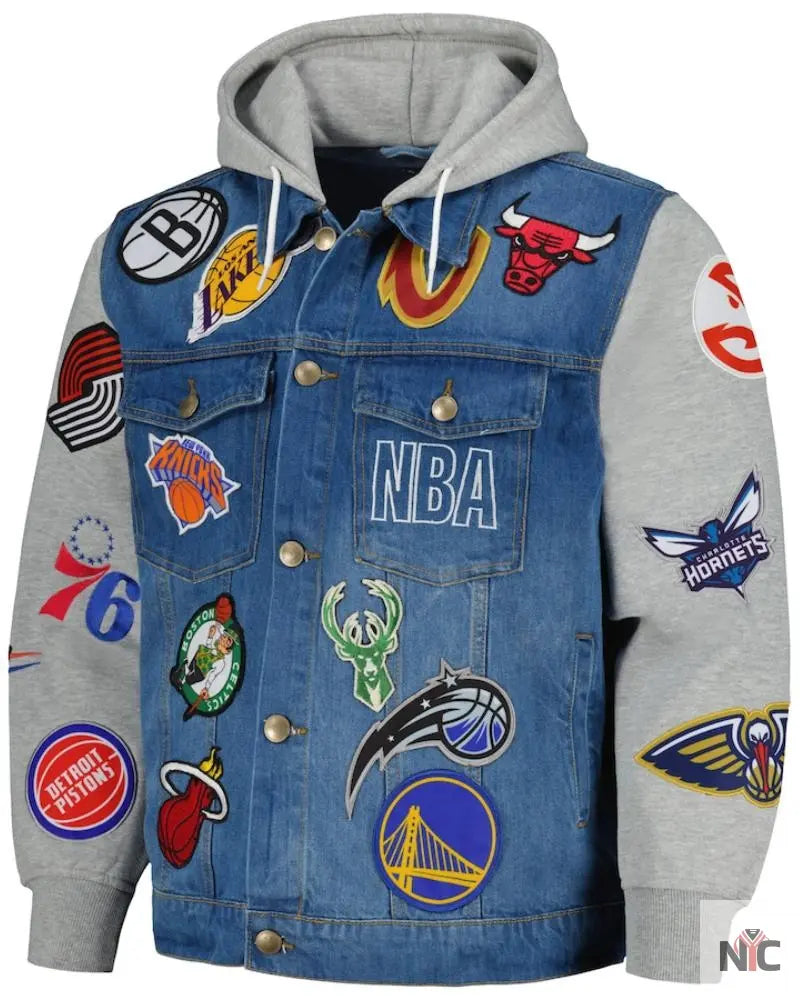 Men’s FISLL Blue/Gray NBA All Teams Full-Button Hoodie Denim Jacket NYC Jackets