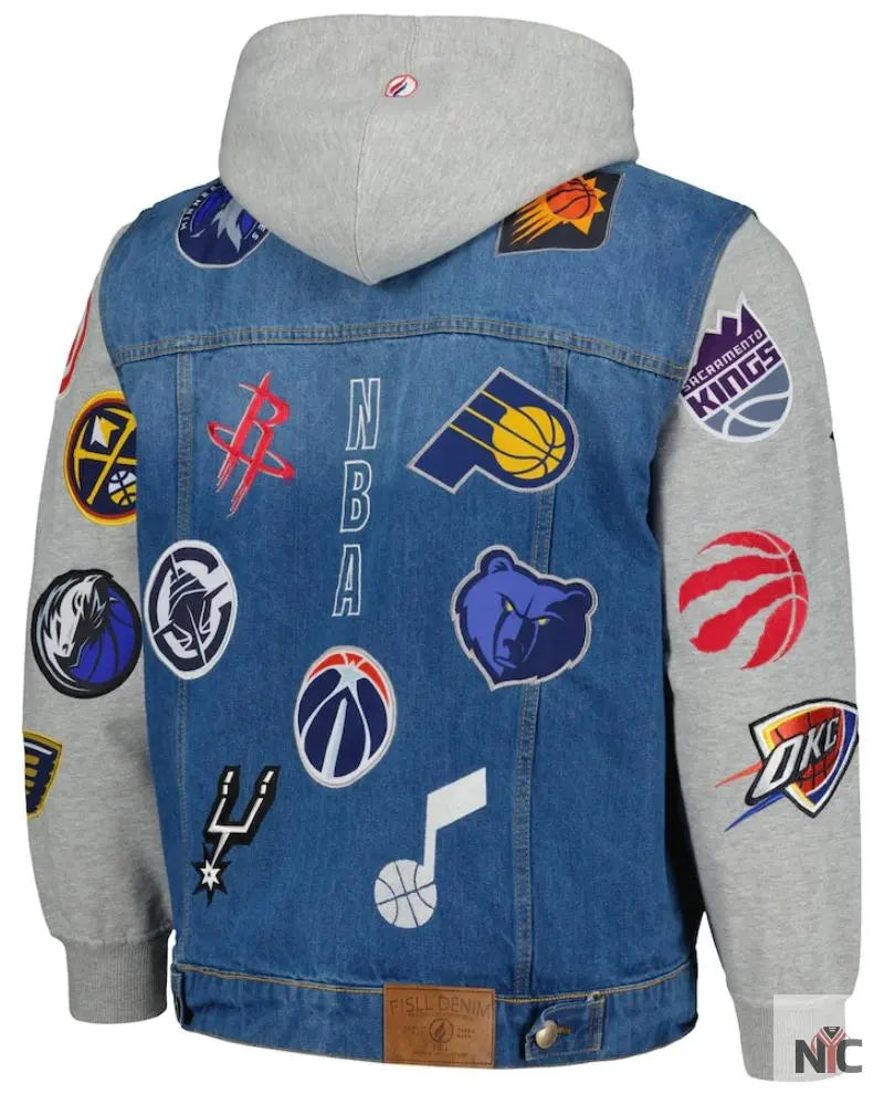 Men’s FISLL Blue/Gray NBA All Teams Full-Button Hoodie Denim Jacket NYC Jackets
