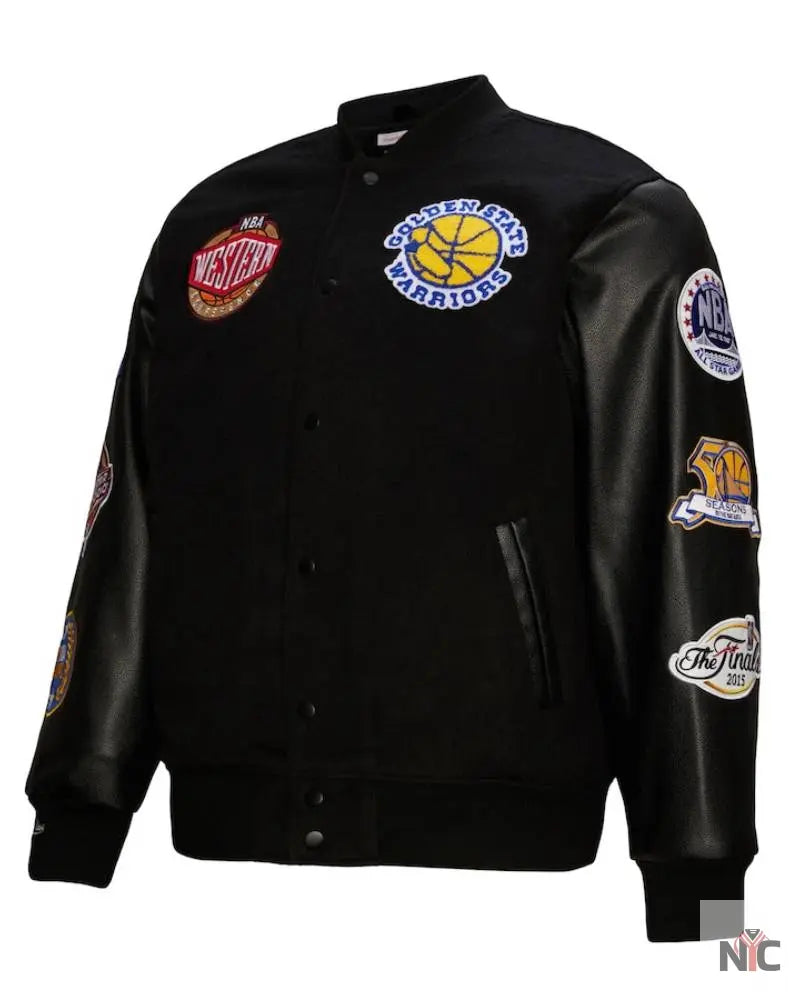 Men’s Golden State Warriors Mitchell & Ness Black Hardwood Classics Blackout Collection Full-Snap Varsity Jacket NYC Jackets