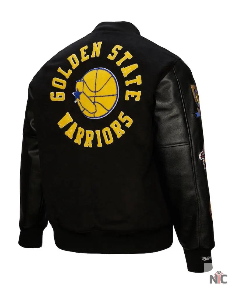 Men’s Golden State Warriors Mitchell & Ness Black Hardwood Classics Blackout Collection Full-Snap Varsity Jacket NYC Jackets