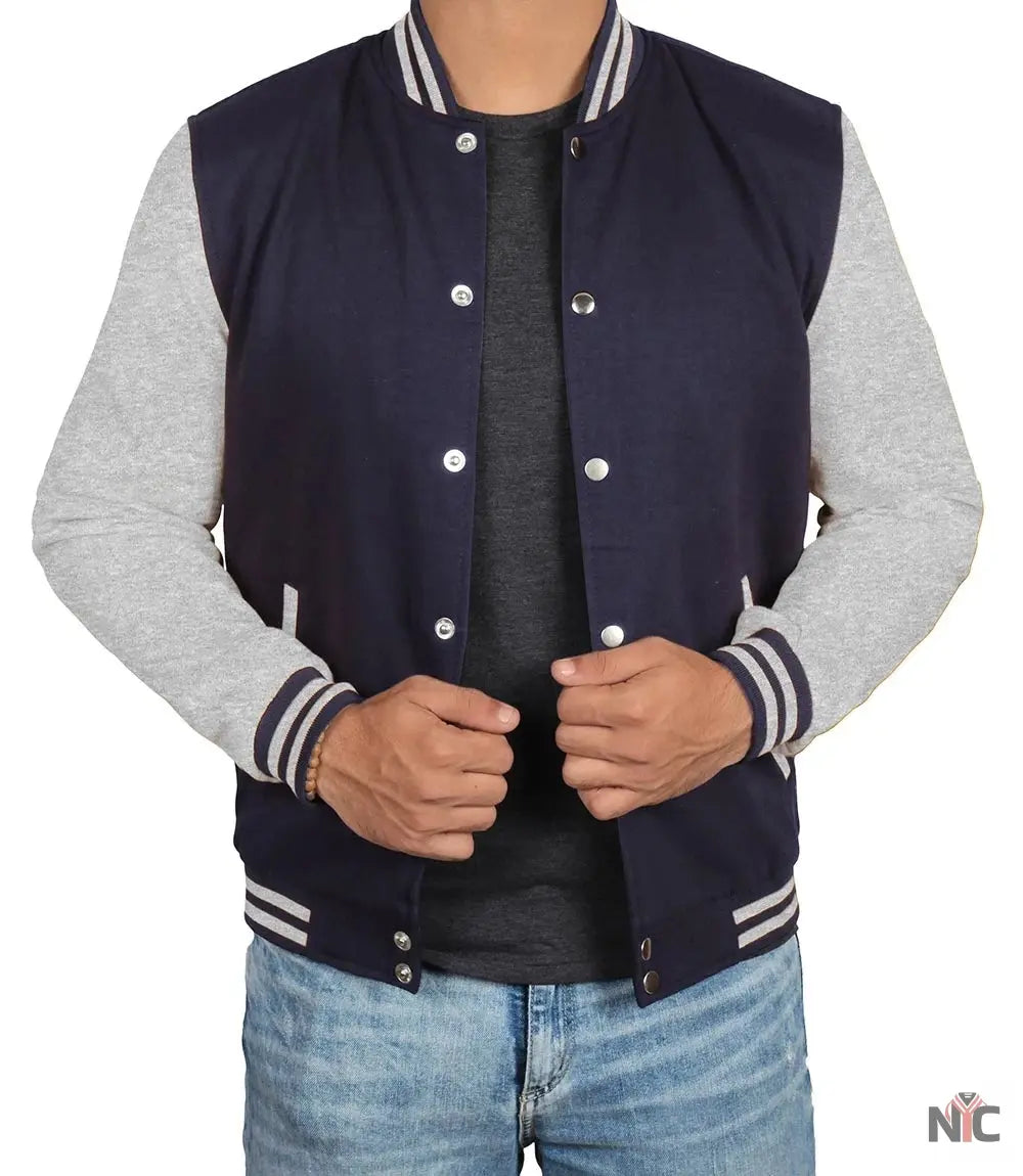 Men's Grey and Blue Varsity Jacket - Bomber Letterman Style NYC Jackets