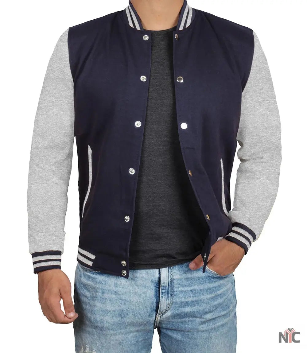Men's Grey and Blue Varsity Jacket - Bomber Letterman Style NYC Jackets