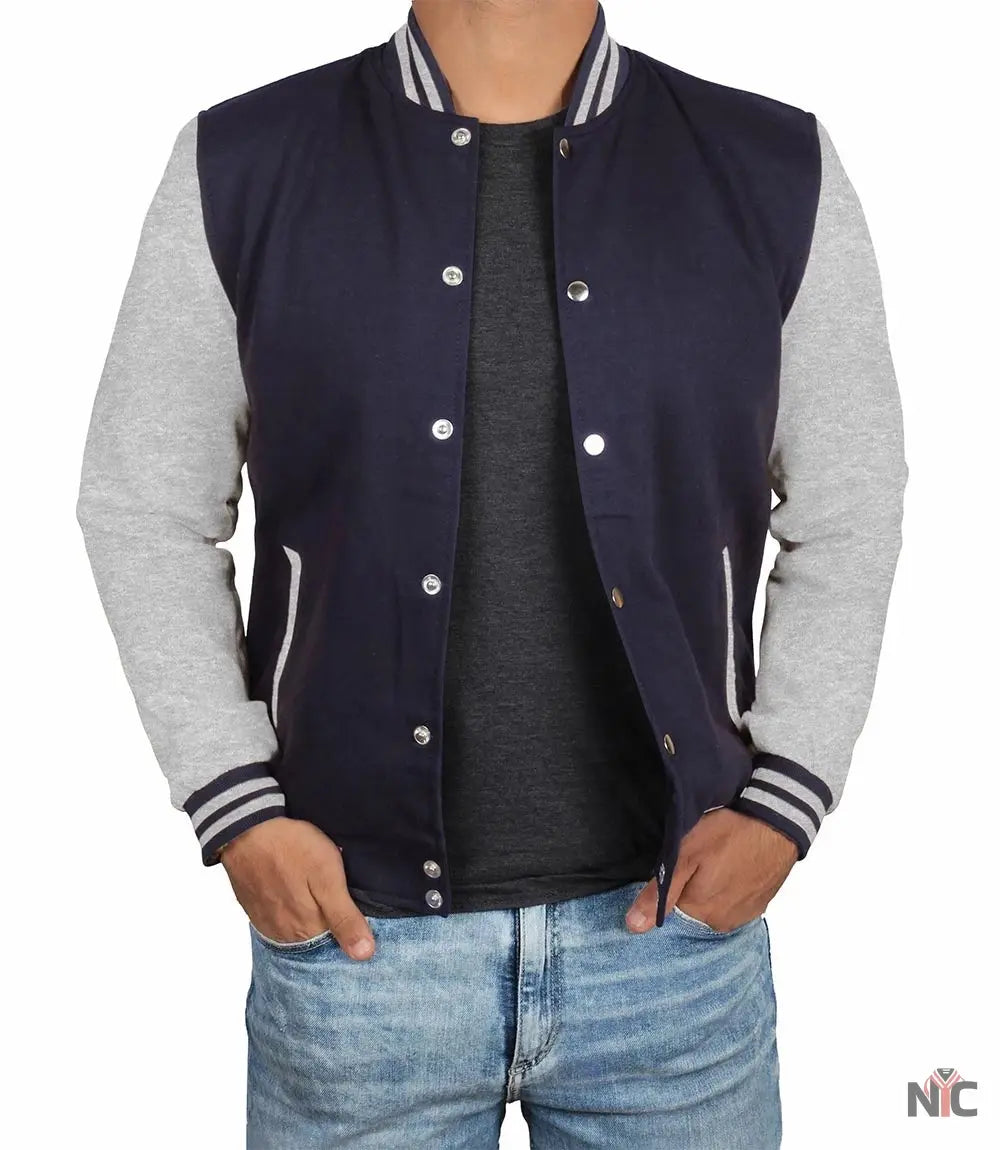 Men's Grey and Blue Varsity Jacket - Bomber Letterman Style NYC Jackets