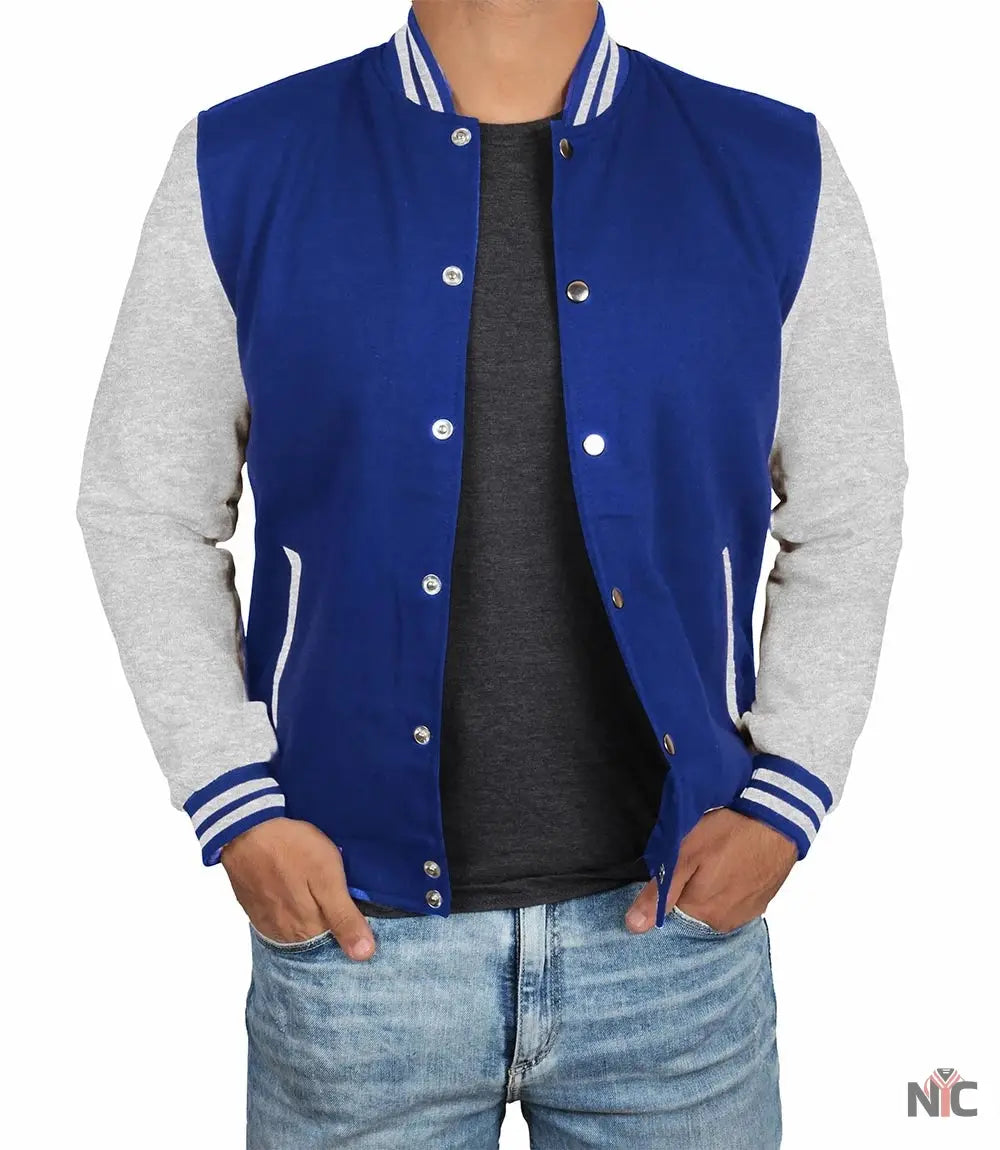 Men's Grey and Royal Blue Varsity Jacket - Letterman Style NYC Jackets