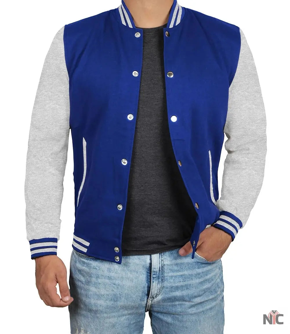 Men's Grey and Royal Blue Varsity Jacket - Letterman Style NYC Jackets