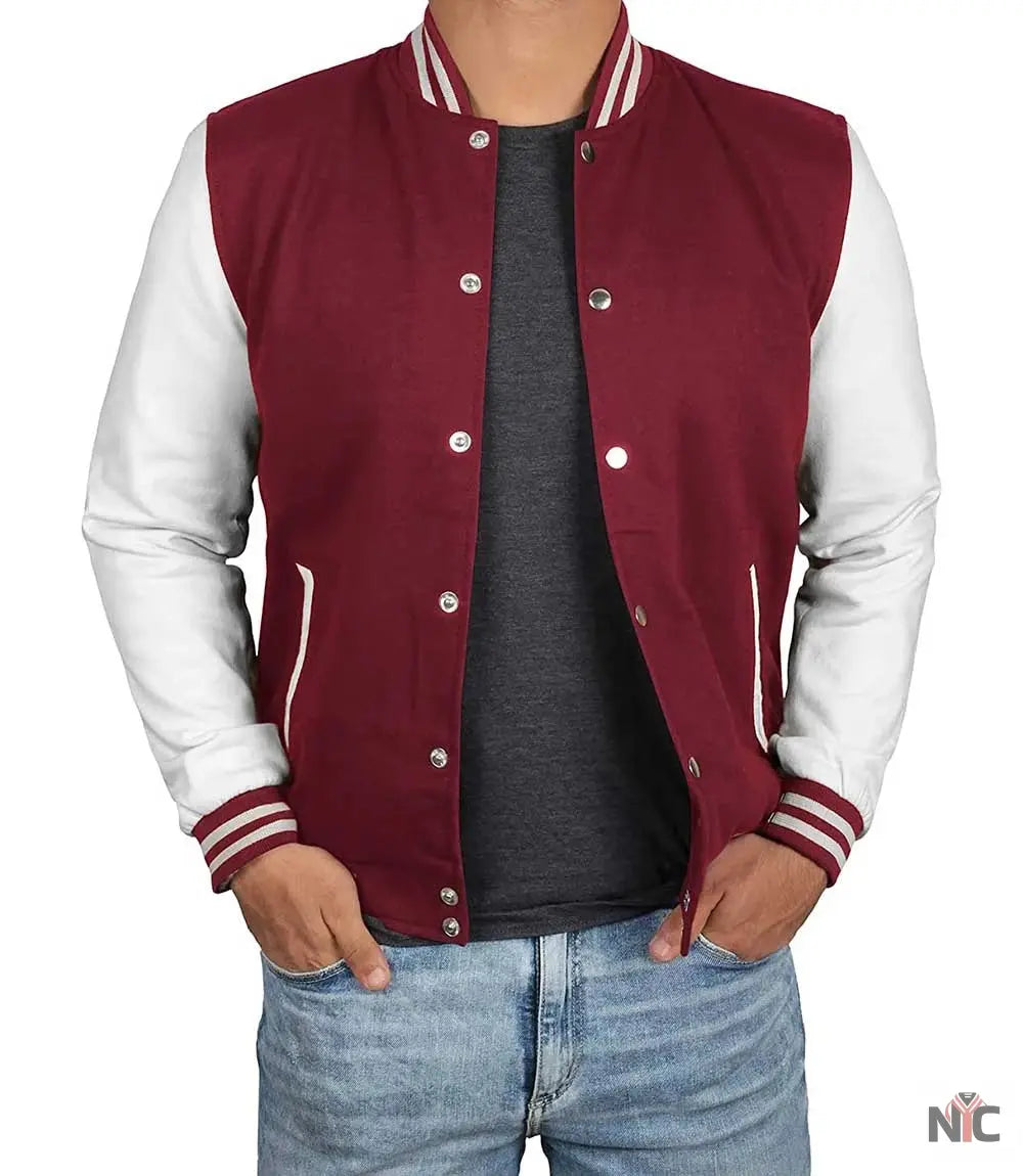 Men's Maroon and White Varsity Jacket - Letterman Bomber Style NYC Jackets