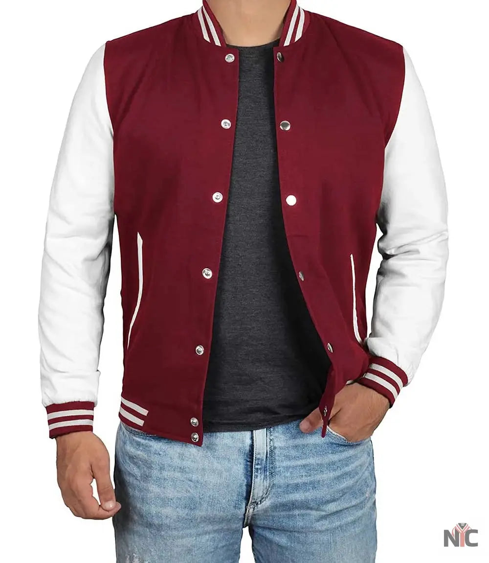 Men's Maroon and White Varsity Jacket - Letterman Bomber Style NYC Jackets