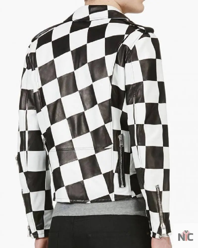 Men’s Motorcycle Checkerboard Leather Jacket NYC Jackets