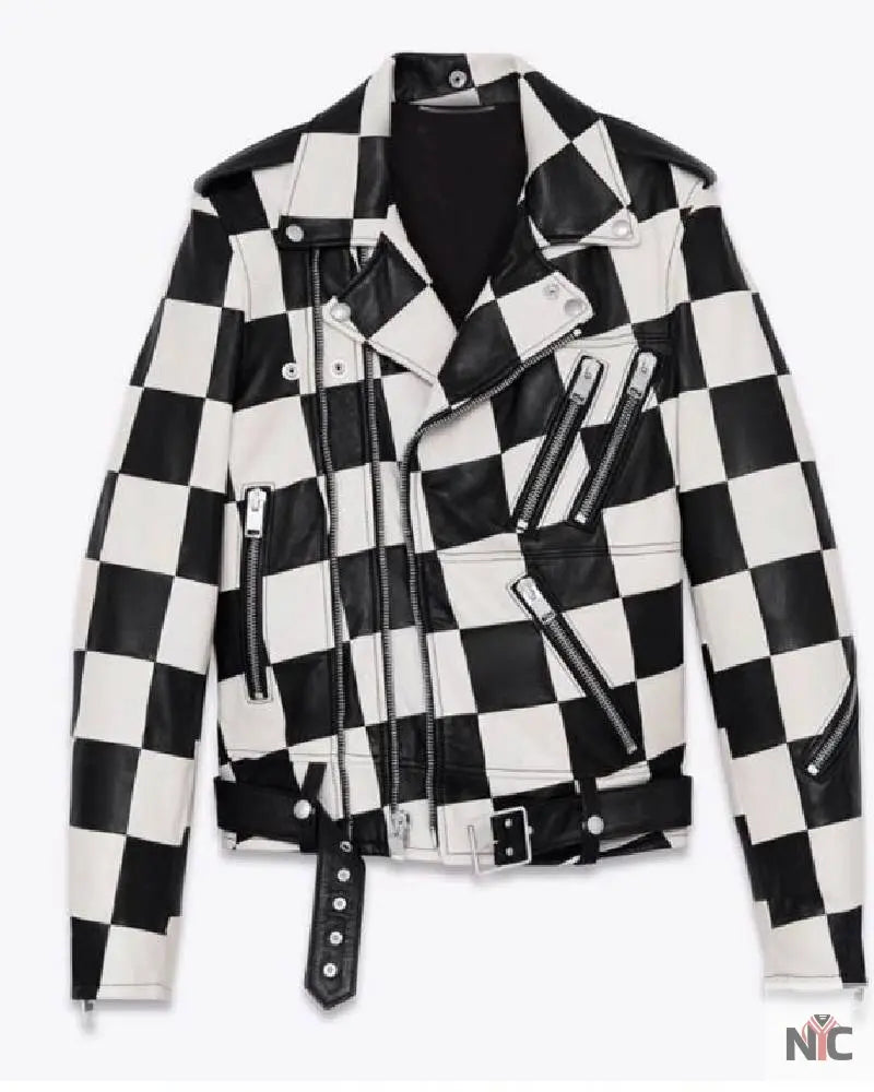 Men’s Motorcycle Checkerboard Leather Jacket NYC Jackets