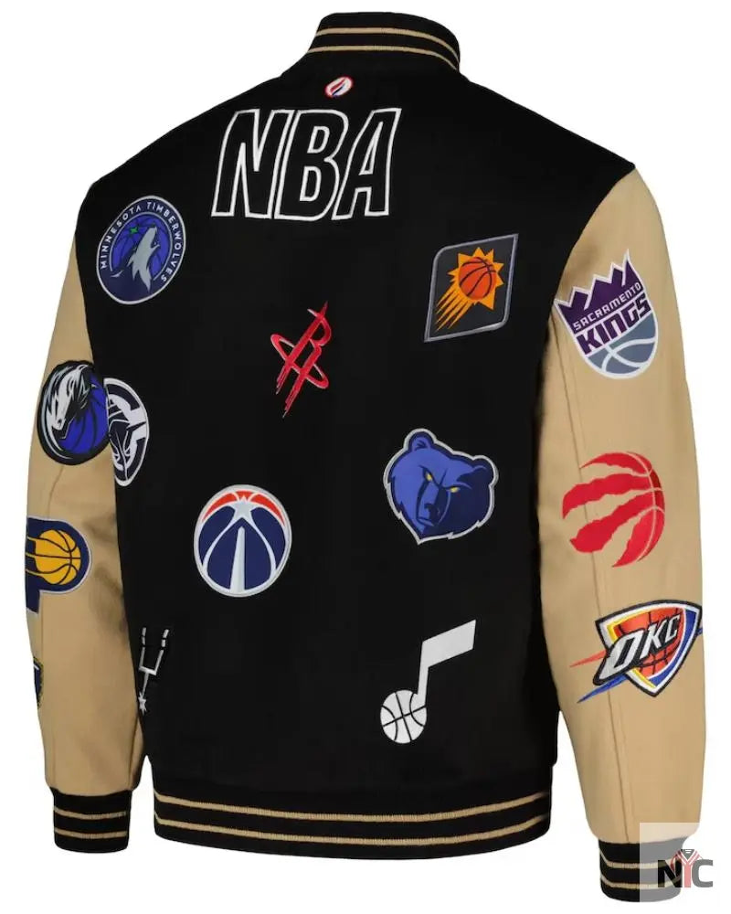 Men’s NBA FISLL Black/Khaki All Logo Aviator Wool Varsity Jacket NYC Jackets