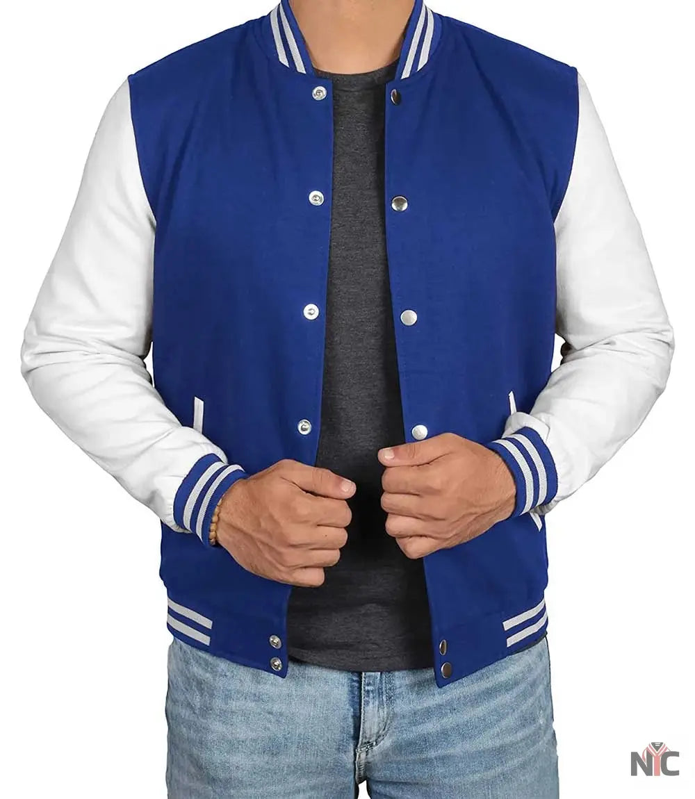 Men's Royal Blue & White Varsity Jacket - Classic Baseball Bomber Style NYC Jackets