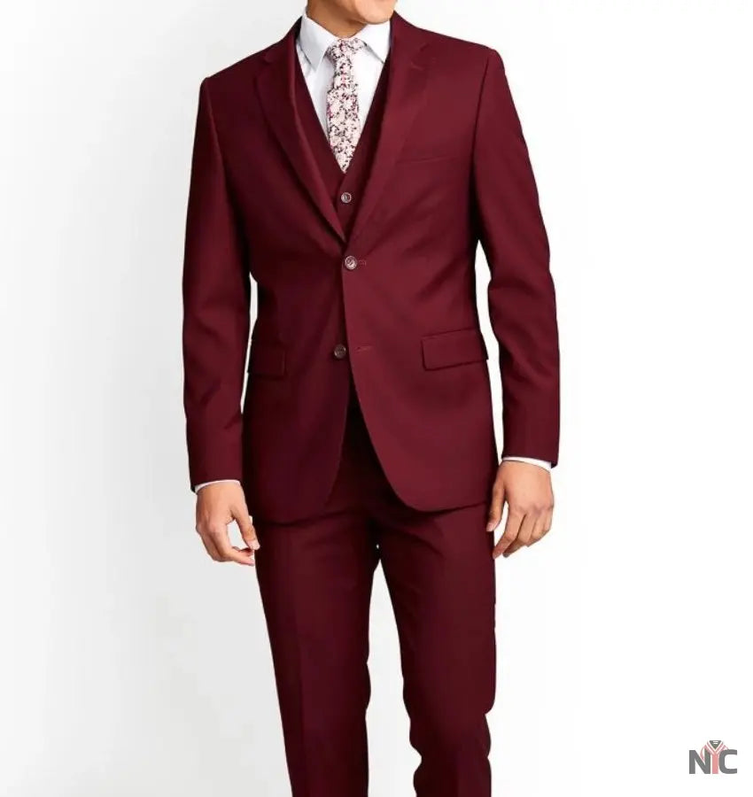 Men's Three-Piece Slim Fit Maroon Suit - Wedding Suit for Men NYC Jackets