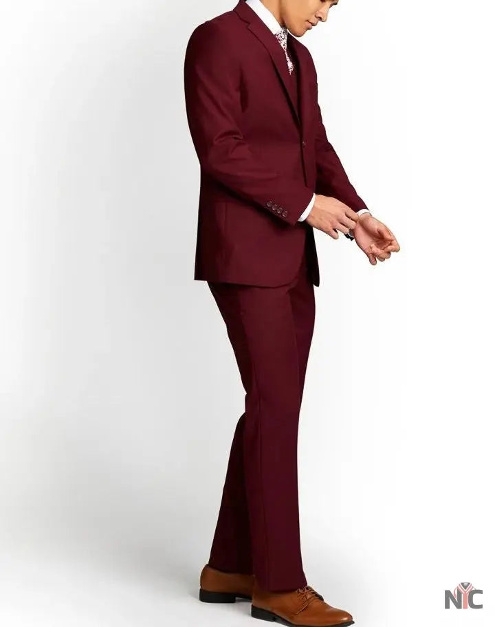 Men's Three-Piece Slim Fit Maroon Suit - Wedding Suit for Men NYC Jackets