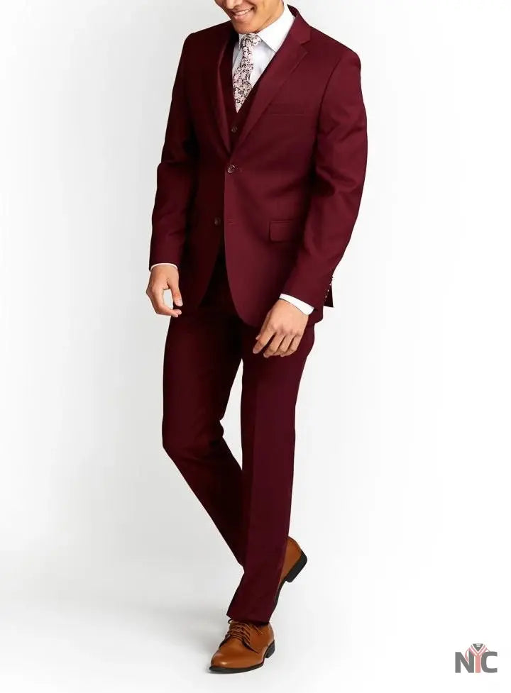 Men's Three-Piece Slim Fit Maroon Suit - Wedding Suit for Men NYC Jackets