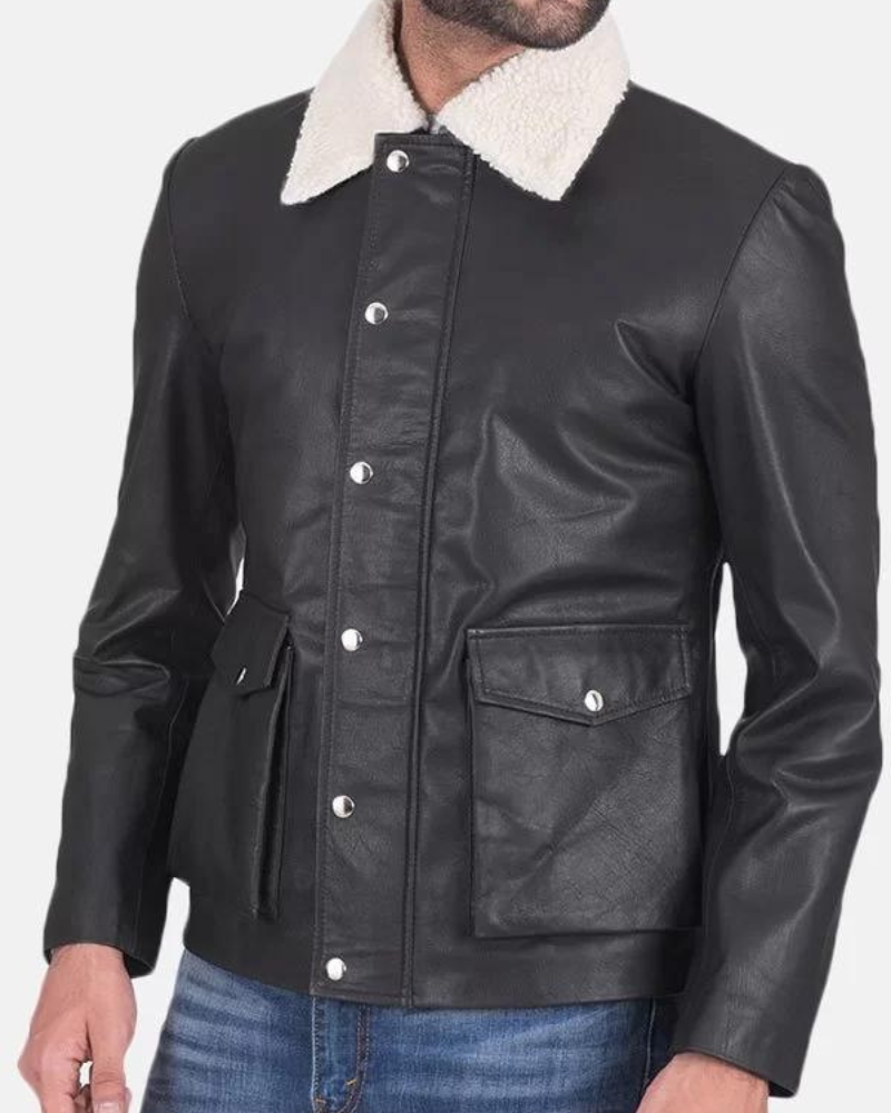 Men’s Flap Pockets Black Leather Jacket NYC Jackets