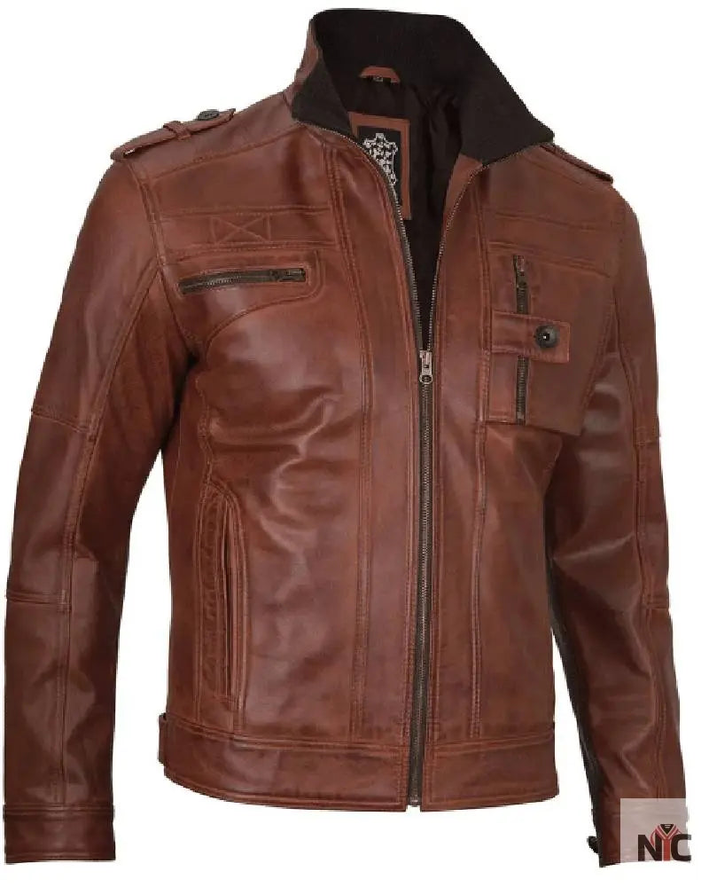 Mens Cognac Brown Leather Biker Jacket NYC Jackets
