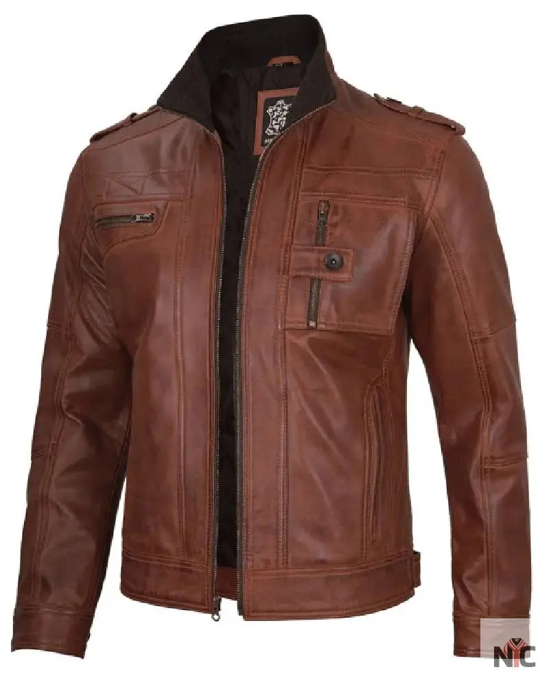 Mens Cognac Brown Leather Biker Jacket NYC Jackets