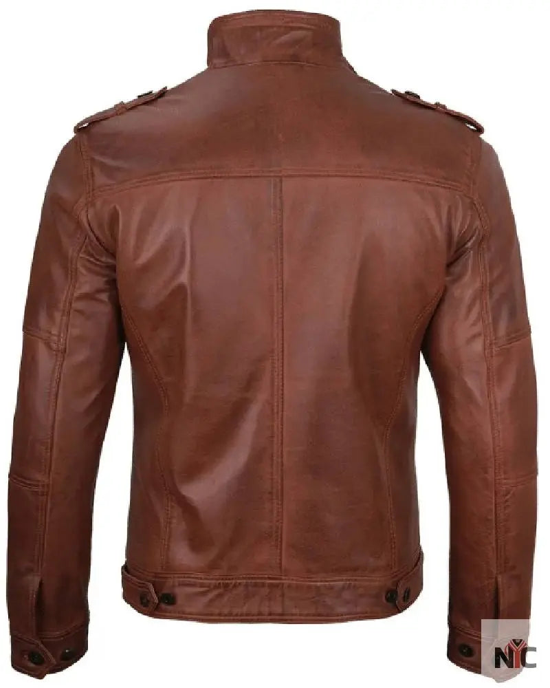 Mens Cognac Brown Leather Biker Jacket NYC Jackets