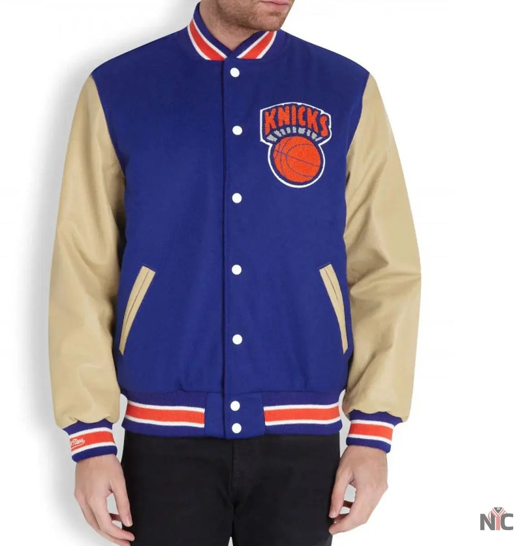 Mens New York Knicks Blue Letterman Jacket NYC Jackets