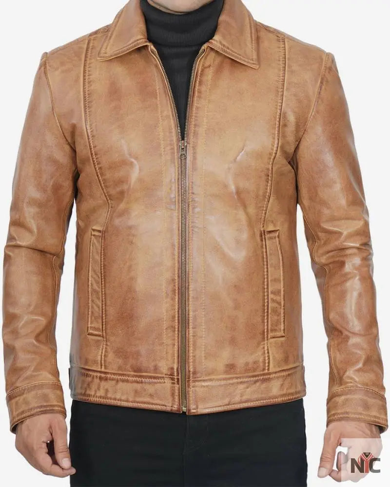 Mens Shirt Collar Yellow Waxed Leather Jacket NYC Jackets