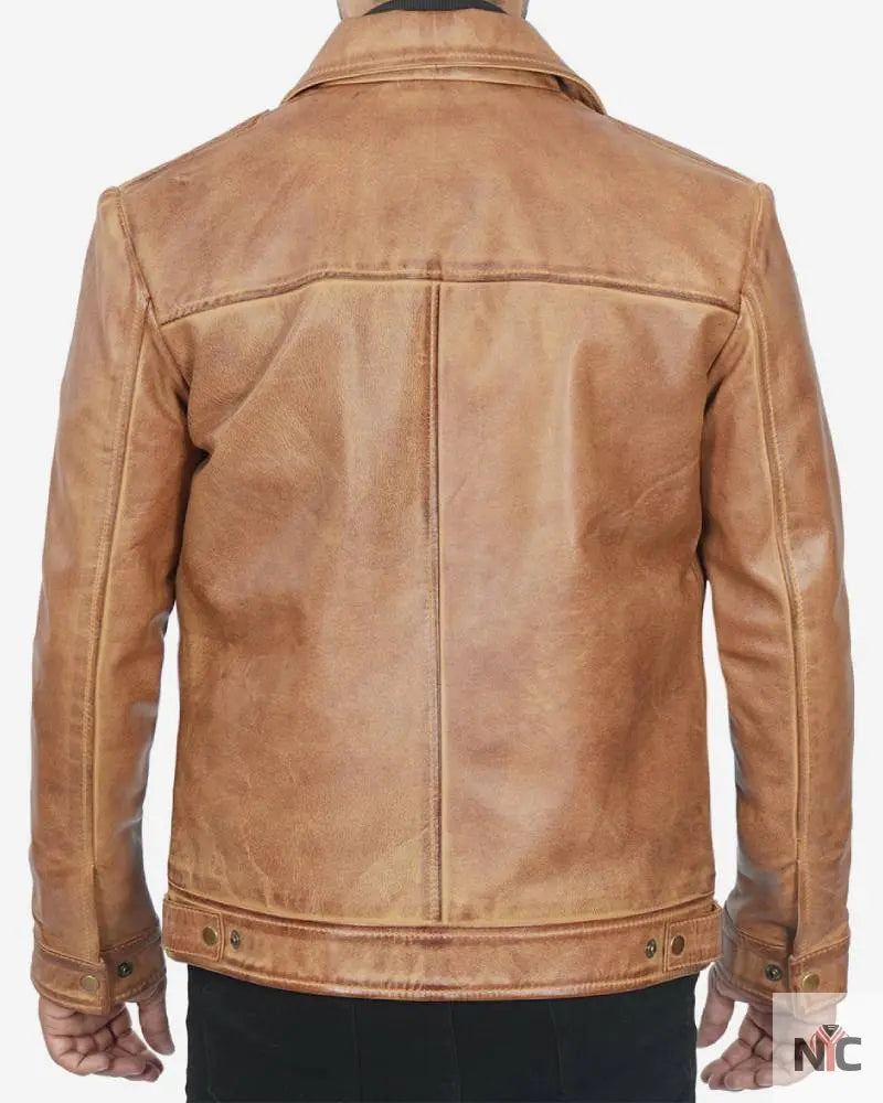 Mens Shirt Collar Yellow Waxed Leather Jacket NYC Jackets