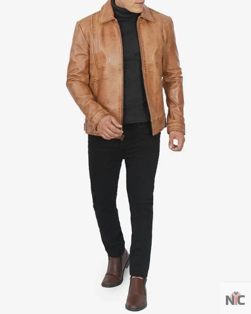 Mens Shirt Collar Yellow Waxed Leather Jacket NYC Jackets