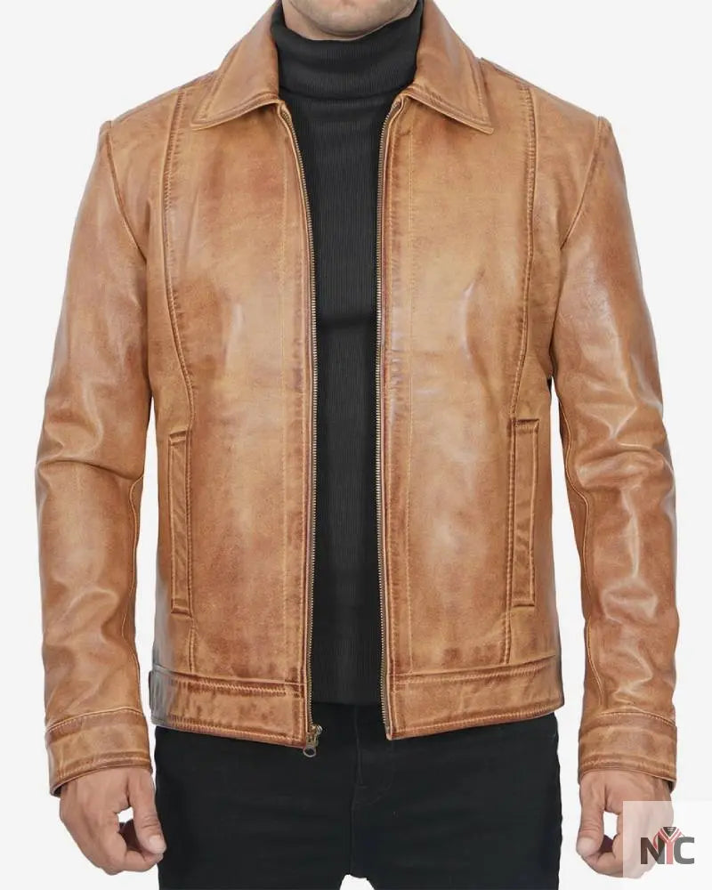 Mens Shirt Collar Yellow Waxed Leather Jacket NYC Jackets