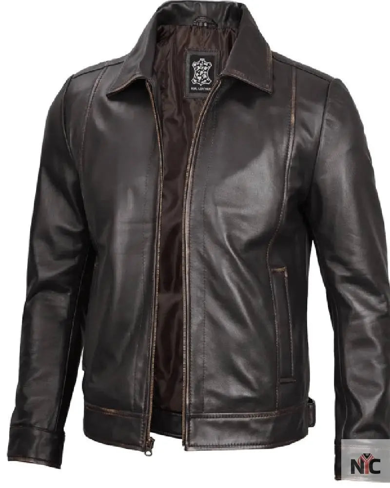 Mens Vintage Leather Rub Off Brown Casual Jacket NYC Jackets