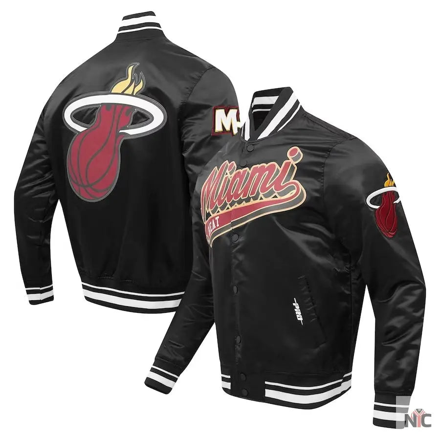 Miami Heat Script Tail Black Full-snap Satin Varsity Jacket NYC Jackets