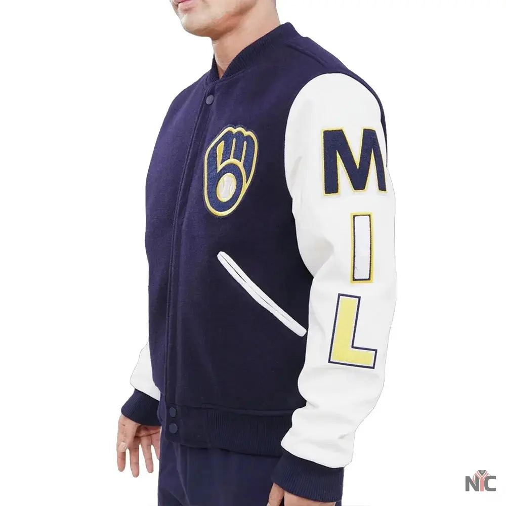 Milwaukee Brewers Blue and White Letterman Jacket NYC Jackets