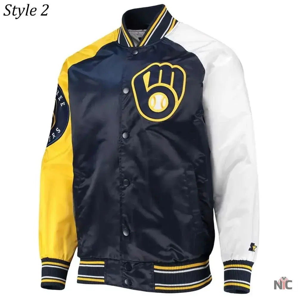 Milwaukee Brewers Gold and Navy Varsity Satin Jacket NYC Jackets