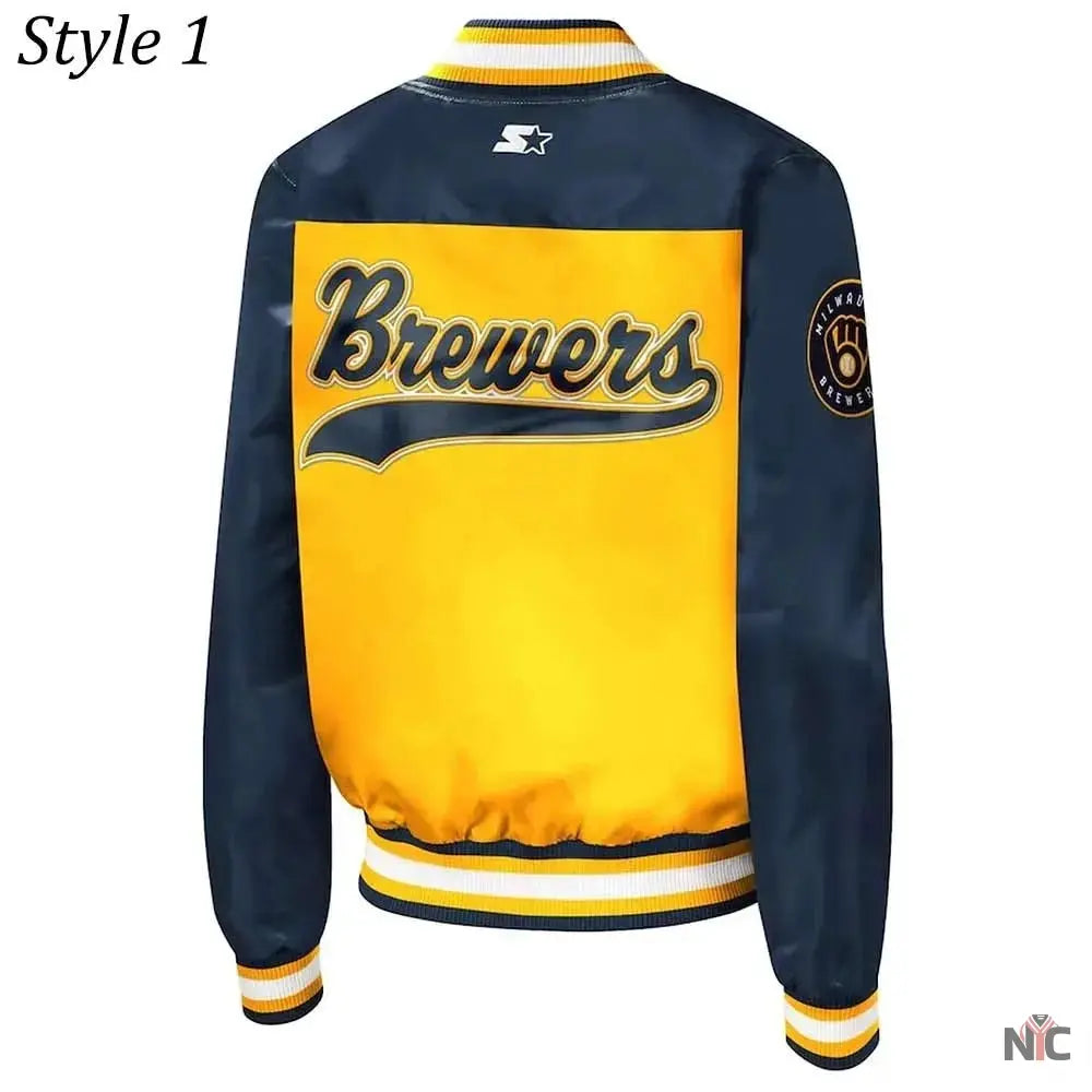 Milwaukee Brewers Gold and Navy Varsity Satin Jacket NYC Jackets