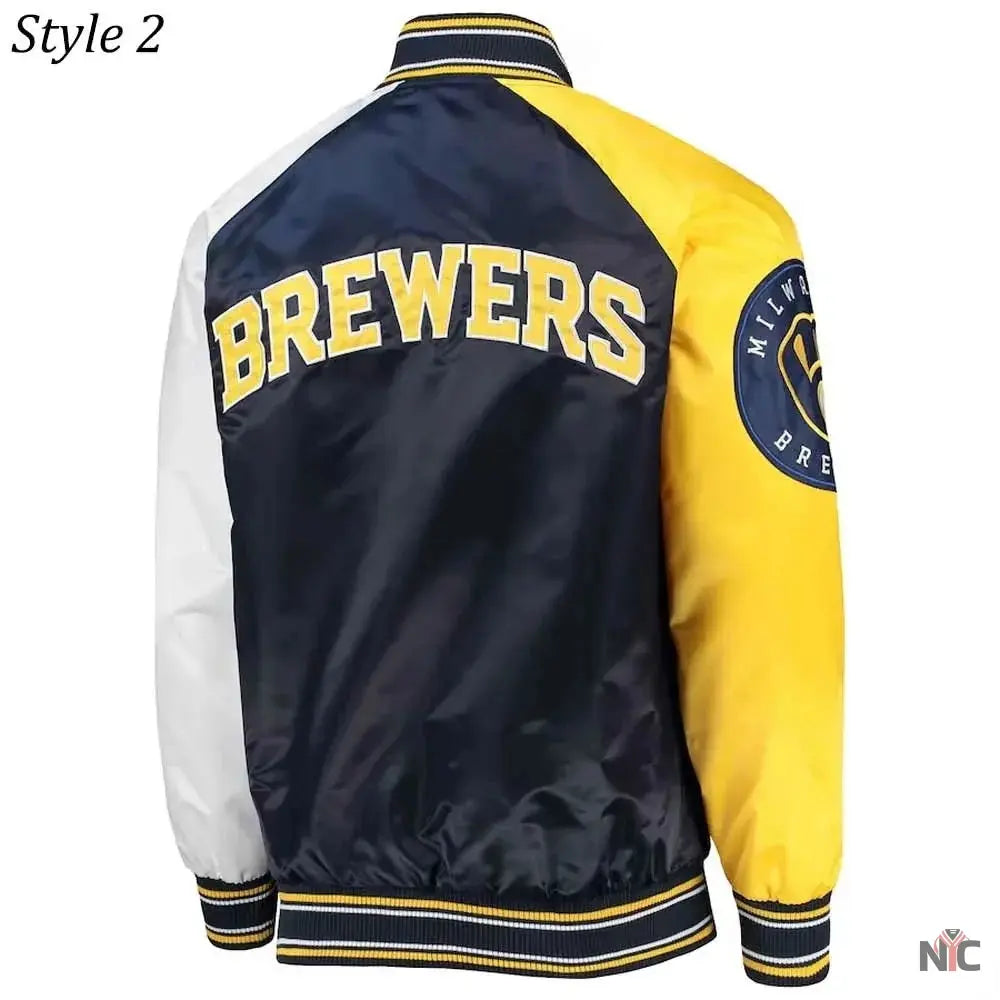 Milwaukee Brewers Gold and Navy Varsity Satin Jacket NYC Jackets