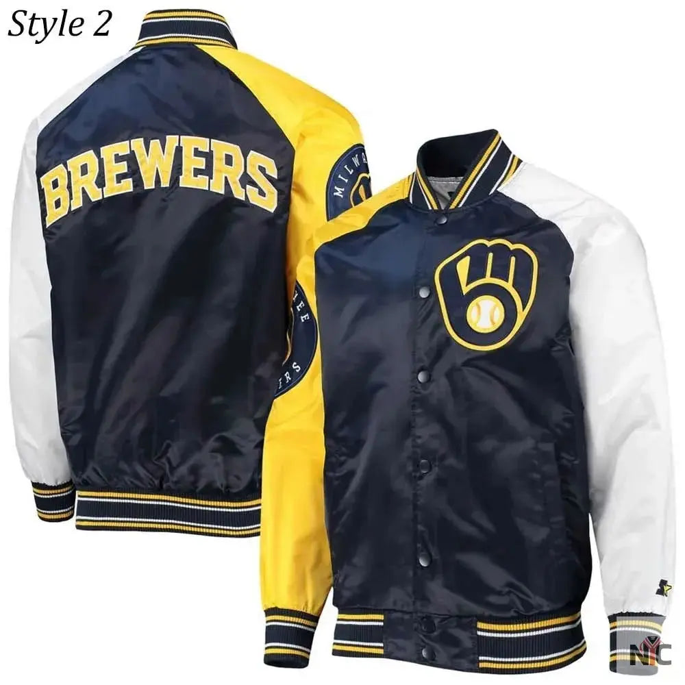 Milwaukee Brewers Gold and Navy Varsity Satin Jacket NYC Jackets