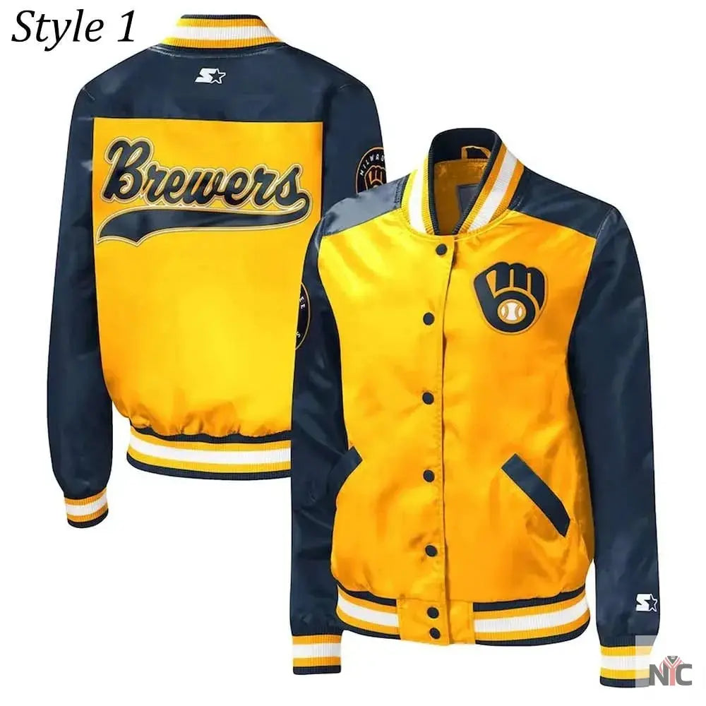 Milwaukee Brewers Gold and Navy Varsity Satin Jacket NYC Jackets