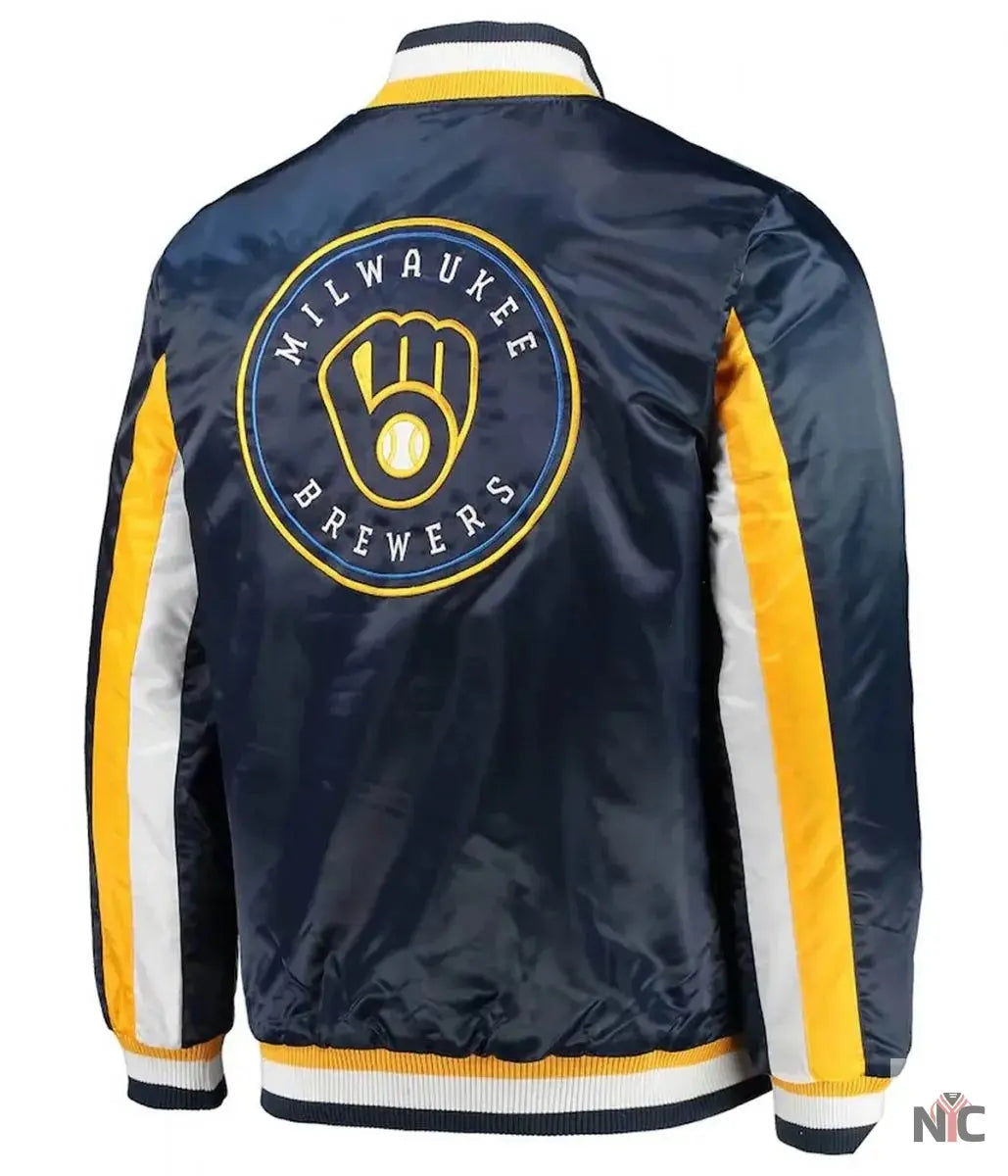 Milwaukee Brewers The Ace Full-Snap Satin Navy Jacket NYC Jackets