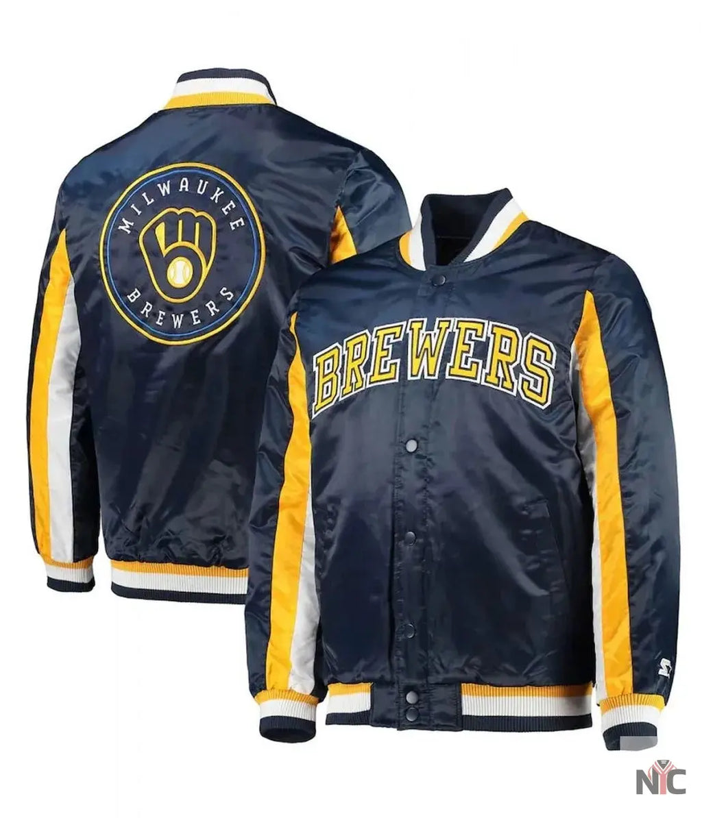 Milwaukee Brewers The Ace Full-Snap Satin Navy Jacket NYC Jackets